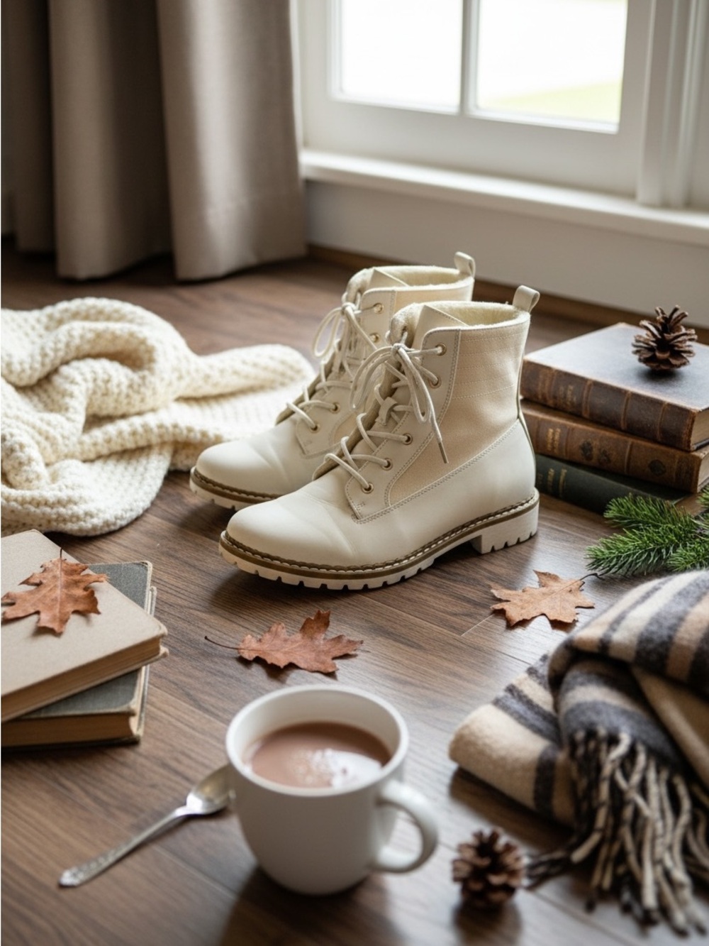 JustFab Elsa Cream Lace-Up Combat Boots with Lug Sole